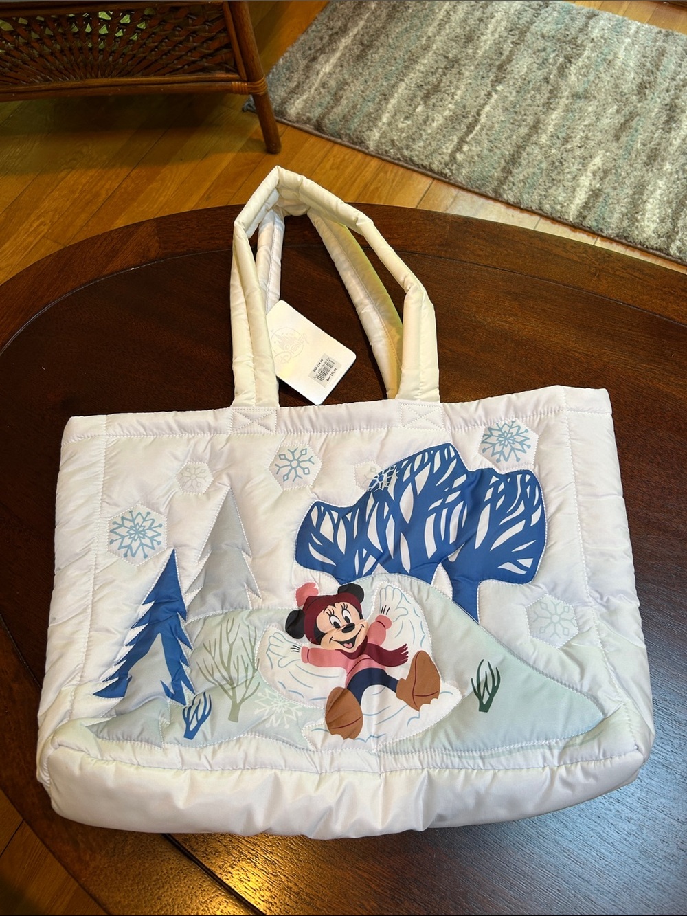 Disney White Quilted Tote with Blue Snowy Cartoon Patch